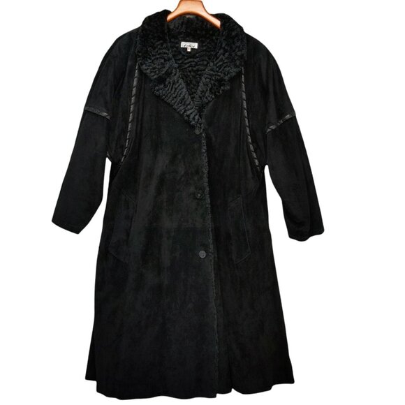 Vtg Ira Berg Suede Parka Coat Womens Black Leather Made in France Overcoat Sz XL